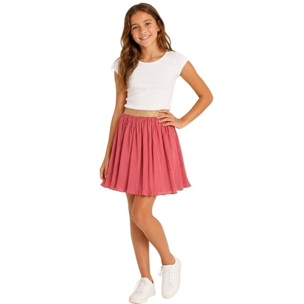 New Tea Collection Girls Pink Skirt Gold Glitter Waistband Accordion Pleats 12